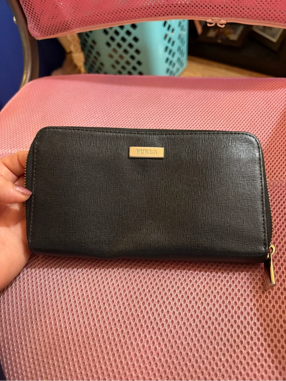 FURLA Babilon Continental Black Pebbled Zip Wallet with Gold Plaque